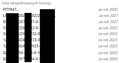 Zrzut przed reinstalacją - widoczne informacje na temat roku rozliczeń dotyczącego licencji.