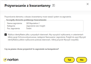 Komunikat nortona przy próbie przywrócenia pliku